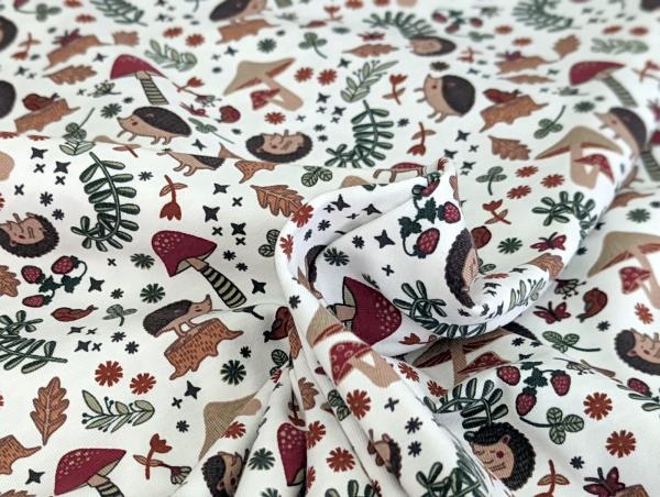 Reststück Baumwolljersey Igel im Herbstwald Pilze Weiß 75 x 150 cm